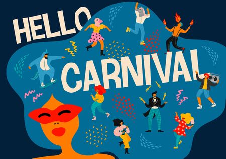 Hello Carnival. Vector illustration of funny dancing men and women in bright modern costumes.のイラスト素材