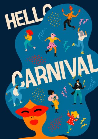 Hello Carnival. Vector illustration of funny dancing men and women in bright modern costumes.のイラスト素材