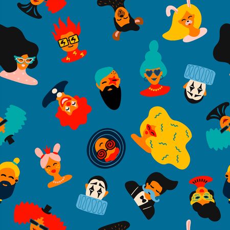 Vector seamless pattern with funny male and female faces in bright masks and costumesのイラスト素材