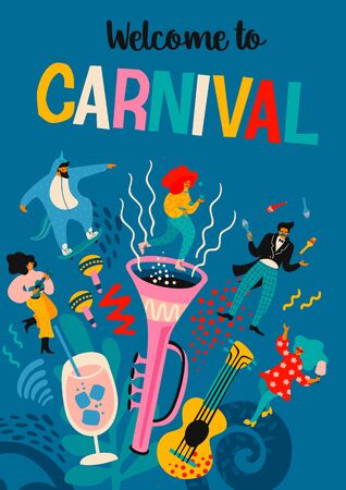Carnival. Vector illustration with funny men and women in bright modern costumes.のイラスト素材