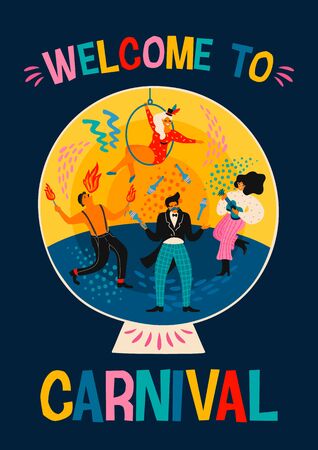 Carnival. Vector illustration with funny men and women in bright modern costumes.のイラスト素材