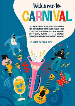 Carnival. Vector illustration with funny men and women in bright modern costumes.のイラスト素材