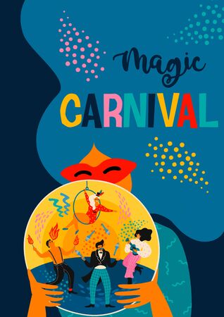 Carnival. Vector illustration with funny men and women in bright modern costumes.のイラスト素材