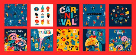 Hello Carnival. Vector set of illustrations with funny dancing men and women in bright modern costumes, carnival objects and abstract shapes. Design element for poster, cars, banner and other use.のイラスト素材