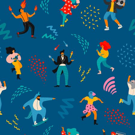 Vector seamless pattern with funny dancing men and women in bright modern costumes. Design element for carnival concept and other use.のイラスト素材