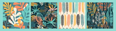 Abstract seamless patterns with tropical leaves and geometric shapes. Hand draw texture. Vector template.のイラスト素材