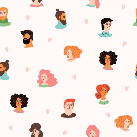 Vector seamless pattern with cute young women and men in love. For Happy Valentine s Day concept and other use.のイラスト素材