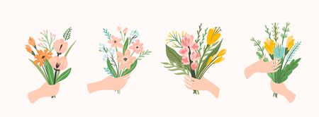 Vector illustration bouquets of flowers in hands. Design template for card, poster, flyer and other usersのイラスト素材