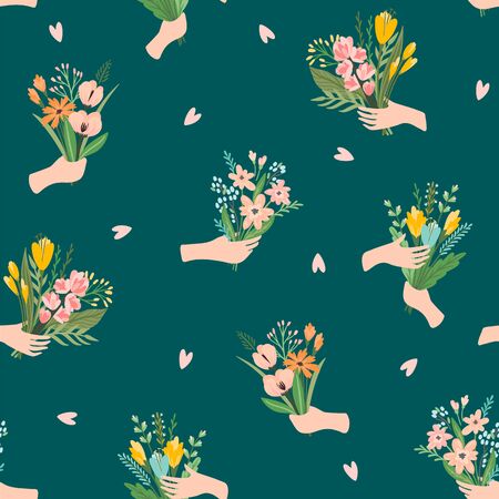 Vector seamless pattern with bouquets of flowers in hands.のイラスト素材