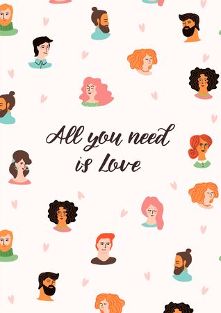 Romantic illustration with cute young women and men in love.のイラスト素材