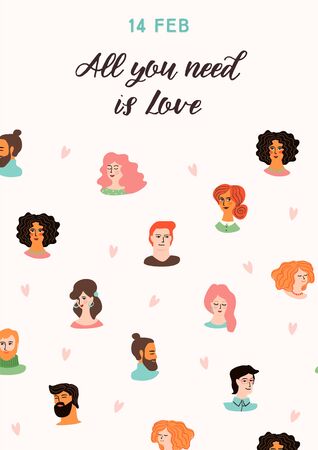 Romantic illustration with cute young women and men in love.のイラスト素材