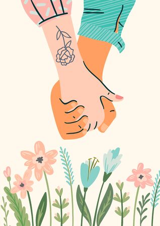 Romantic illustration with male and female hands. Love, love story, relationship.のイラスト素材