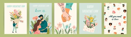 Romantic set of illustrations with man and woman. Vector design concept for Valentines Day and other users.のイラスト素材