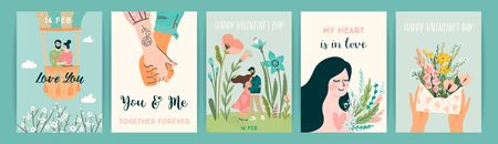 Romantic set of illustrations with man and woman. Vector design concept for Valentines Day and other users.のイラスト素材