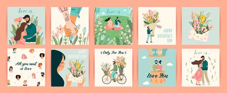 Romantic set of illustrations with man and woman. Love, love story, relationship. Vector design concept for Valentines Day and other users.のイラスト素材