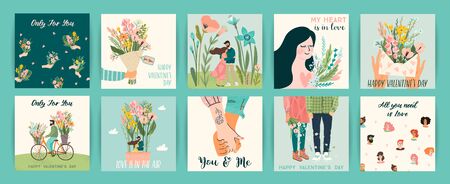 Romantic set of illustrations with man and woman. Love, love story, relationship. Vector design concept for Valentines Day and other users.のイラスト素材