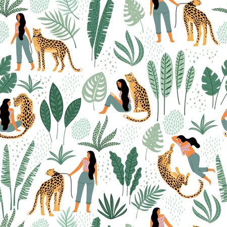 Vector seamless pattern with women, leopards and tropical leaves.のイラスト素材