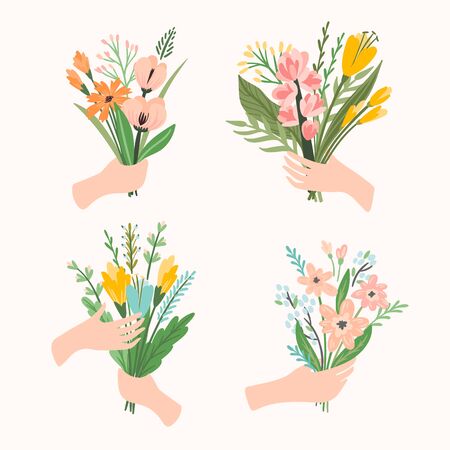 Vector illustration bouquets of flowers in hands. Design template for card, poster, flyer and other usersのイラスト素材