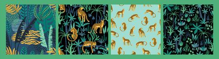 Vector seamless pattern with leopards and tropical leaves.のイラスト素材