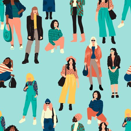 Vector seamless pattern with abstract women with different skin colors.のイラスト素材