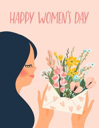 International Women s Day. Vector templates with cute woman for card, poster, flyer and other usersのイラスト素材