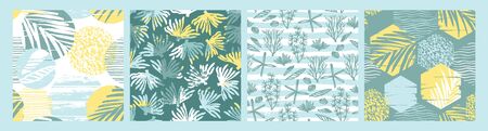 Trendy sea seamless patterns with hand drawn texture. Vector