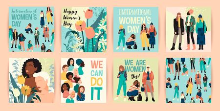 Vector set of illustrations with abstract women with different skin colors. International Womens Day. Struggle for freedom, independence, equality.のイラスト素材