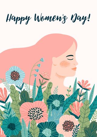 International Women s Day. Vector template with woman and flowers for card, poster, flyer and other usersのイラスト素材