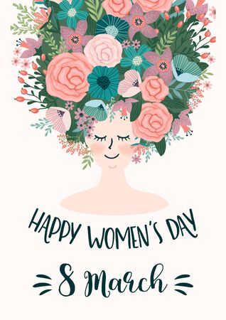 International Women s Day. Vector template with woman and flowersのイラスト素材