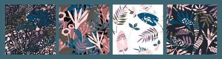 Abstract floral seamless patterns with trendy hand drawn textures.のイラスト素材