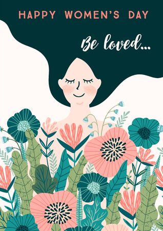 International Women s Day. Vector template with woman and flowersのイラスト素材