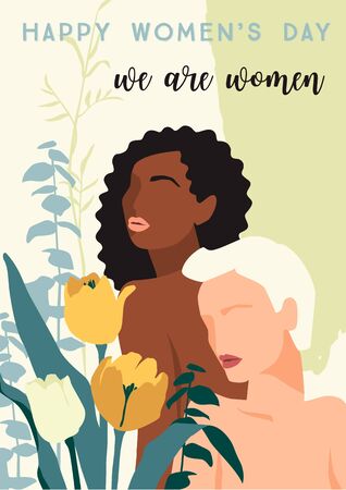 International Womens Day. Vector illustration of abstract women with different skin colors and flowers. Template for card, poster, flyer and other usersのイラスト素材