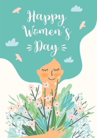 International Women s Day. Vector template with cute woman and flowersのイラスト素材
