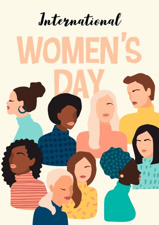 International Womens Day. Vector illustration of abstract women with different skin colors.のイラスト素材