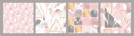 Abstract floral seamless patterns with tulips and geometric elements.のイラスト素材