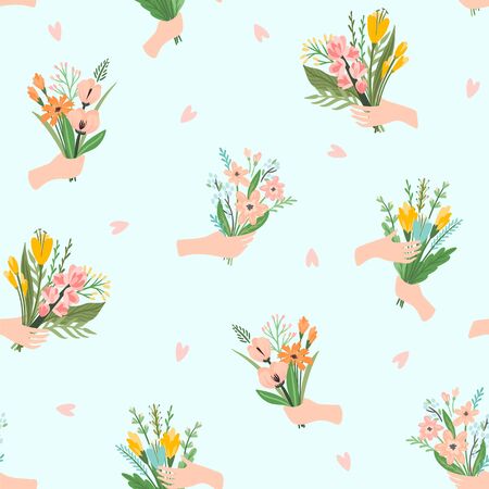 Vector seamless pattern with bouquets of flowers in hands.のイラスト素材