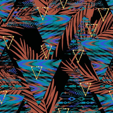 Tribal ethnic seamless pattern with geometric elements and palm leaves.のイラスト素材