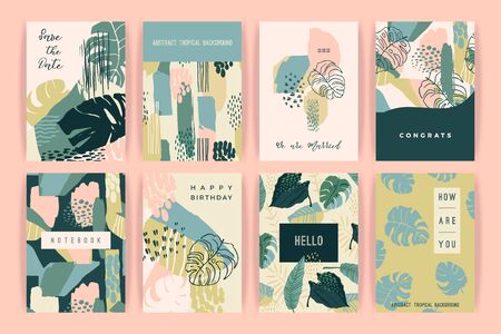 Creative set of templates with tropical plants and artistic background.のイラスト素材