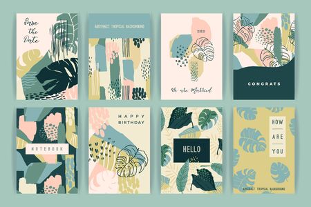 Creative set of templates with tropical plants and artistic background.のイラスト素材
