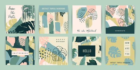 Creative set of templates with tropical plants and artistic background. Modern exotic design for card, poster, banner, interior decor and other users.のイラスト素材