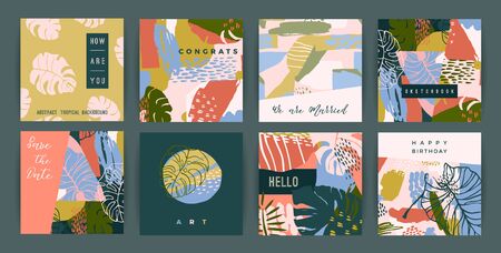Creative set of templates with tropical plants and artistic background. Modern exotic design for card, poster, banner, interior decor and other users.のイラスト素材