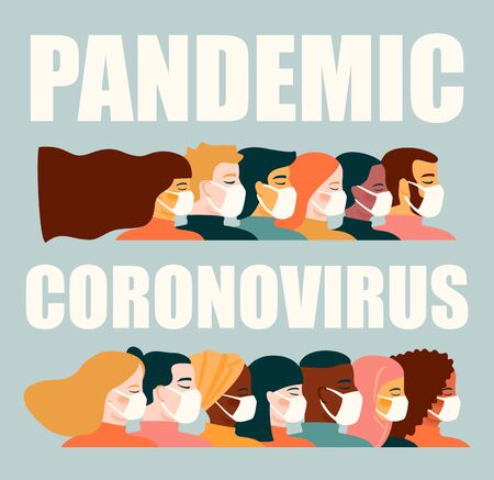Coronavirus pandemic. 2019-nCoV. Vector illustration of people in white medical face mask.のイラスト素材