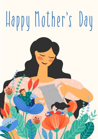 Happy Mothers Day. Vector illustration with women and children in flowers.のイラスト素材