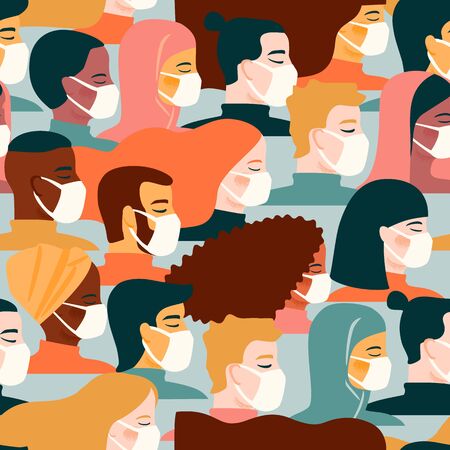 Coronavirus pandemic. 2019-nCoV. Vector illustration of people in white medical face mask.のイラスト素材