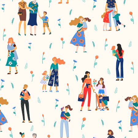 Happy Mothers Day. Vector seamless pattern with women and childrenのイラスト素材