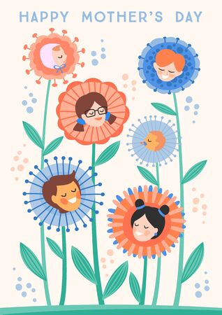Happy Mothers Day. Vector illustration with children in flowers.のイラスト素材