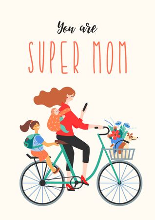 Happy Mothers Day. Super Mom on a bicycle with children and a dog. Vector illustration for card, poster, banner, and other use.のイラスト素材