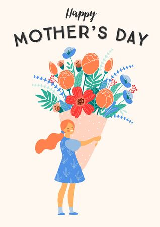 Happy Mothers Day. Vector illustration of girl with big bouquet of flowers.のイラスト素材