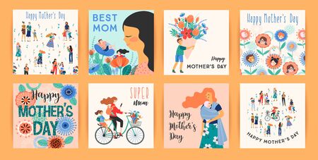 Happy Mothers Day. Vector templates with women and children. Design element for card, poster, banner, and other use.のイラスト素材