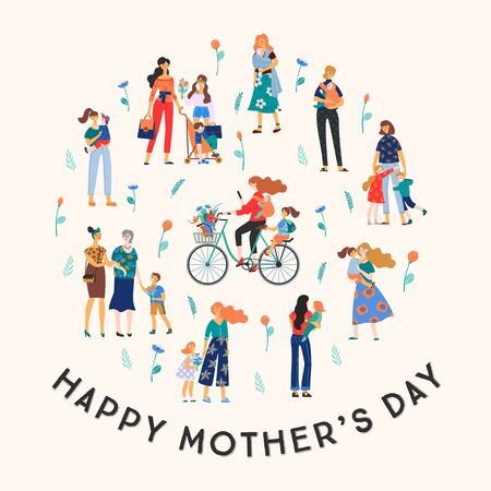 Happy Mothers Day. Vector illustration with women and children. Design element for card, poster, banner, and other use.のイラスト素材